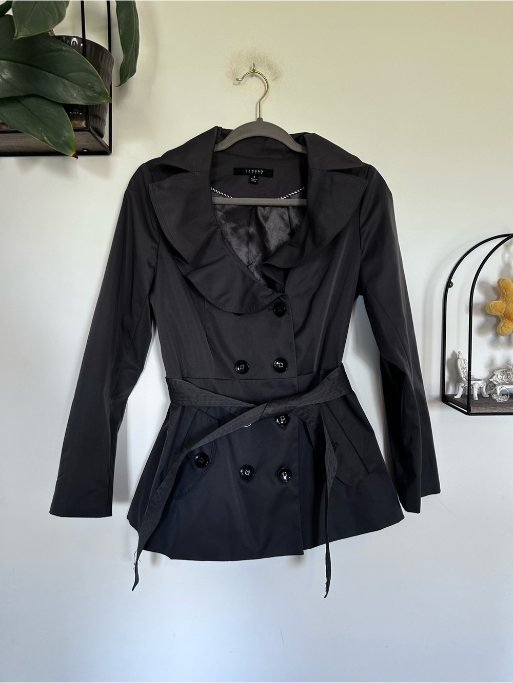 Sandro Studio Gray Ruffle Neck Double Breasted Short Trench Coat Size Small